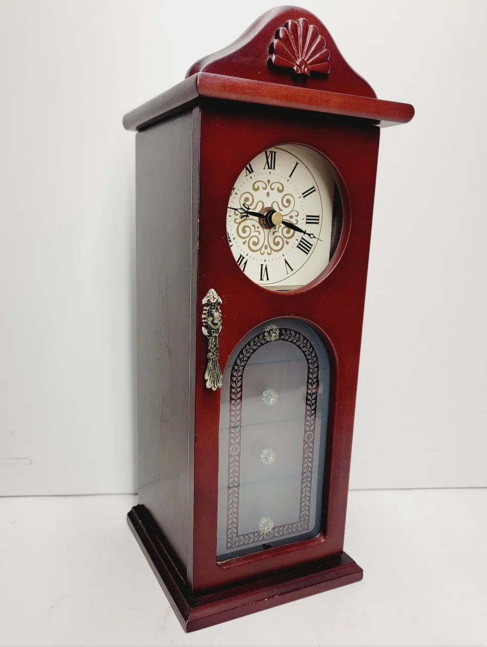 1996 Grandfather Clock Mahogoney Brown Veneer Jewlery Box Cabinet Tik Tok
